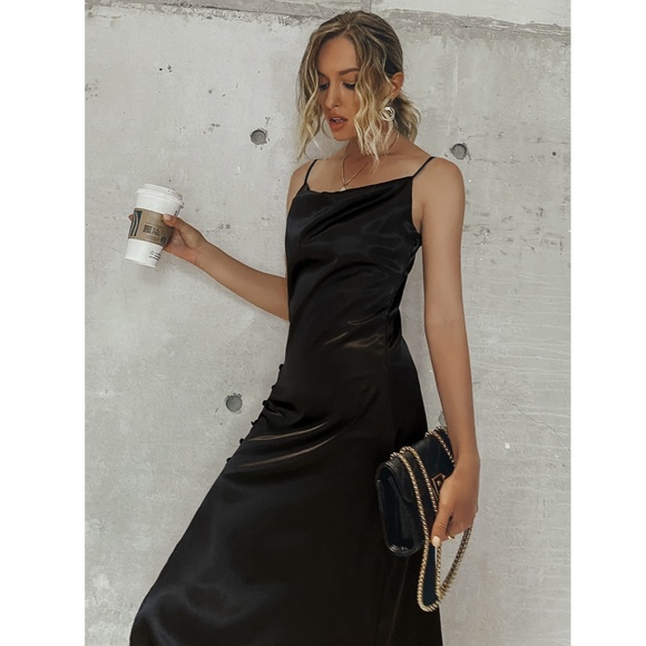 Black Satin Cami High Slit Midi Dress - Picture 4 of 10